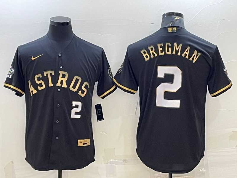 Mens Houston Astros #2 Alex Bregman Number Black Gold 2022 World Series Stitched Baseball Jersey